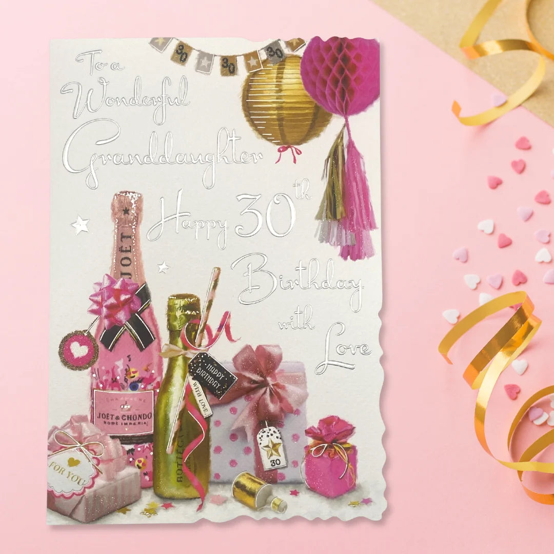 Granddaughter 30th Birthday Card - Velvet Bubbly & Gifts