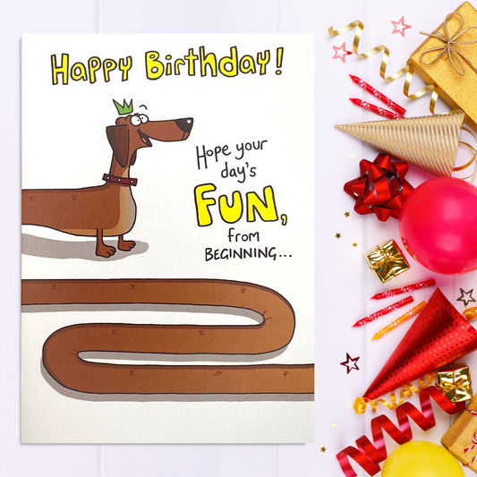 Sausage Dog Themed Birthday Card Displayed In Full