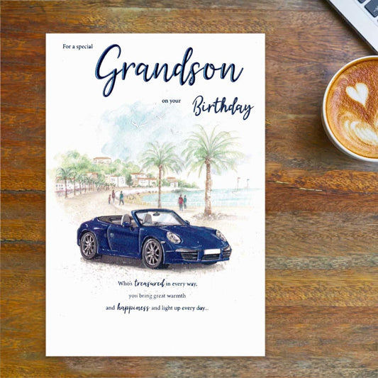 Grandson Birthday Blue Sports Car Card Front Image
