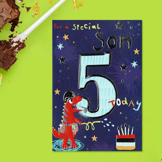 Playful Peppers - Special Son Age 5 Birthday card Front Image