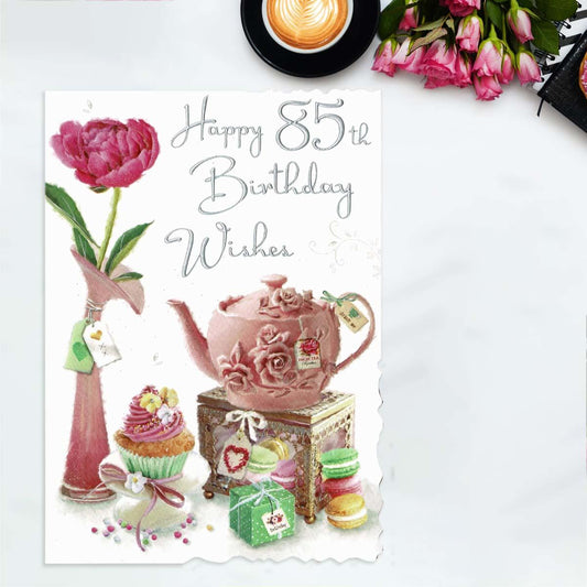 Happy 85th Birthday Wishes Pink Teapot Card Front Image