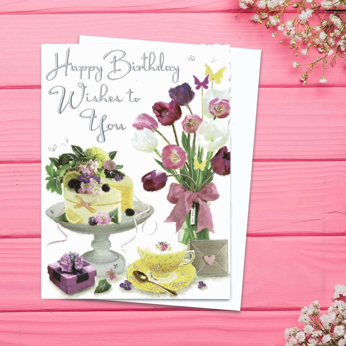 Happy Birthday Wishes Tea & Cake Card Front Image