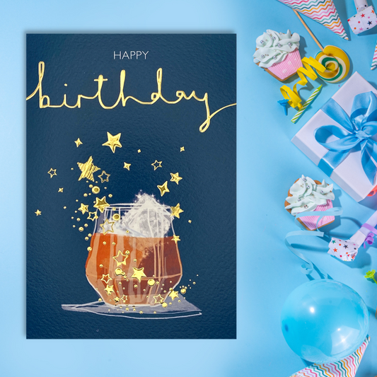 Whiskey Glass Themed Birthday Card Displayed In Full