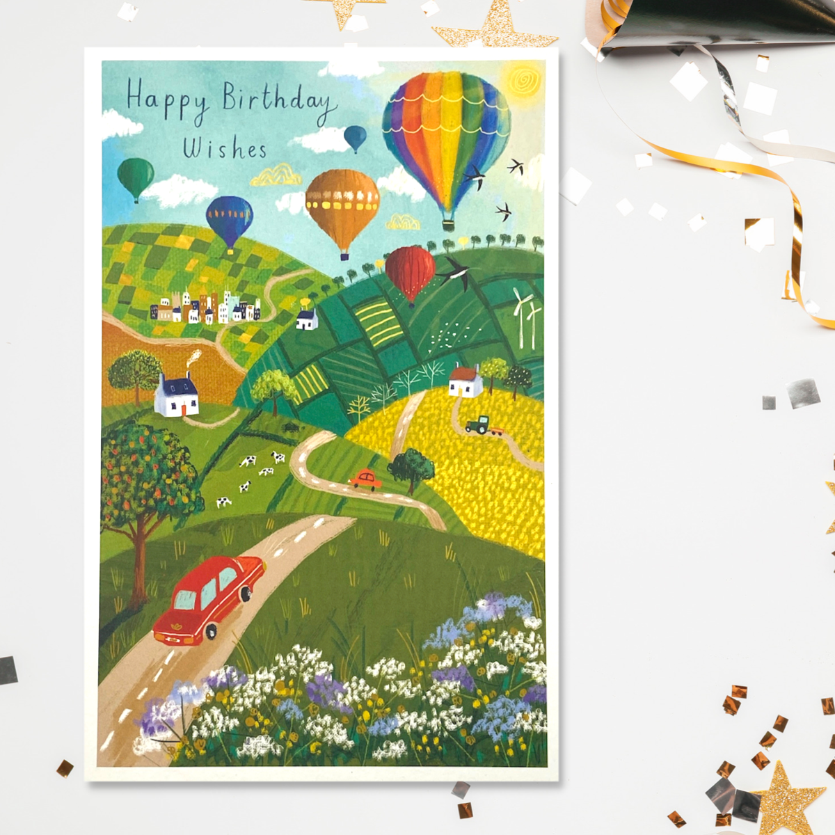 Hot Air Balloon Themed Birthday Card Displayed In Full