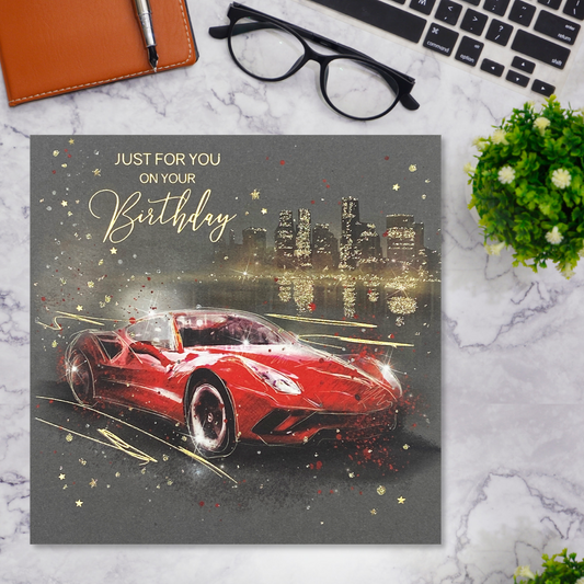 Red Sports Car Themed Birthday Card Displayed In Full