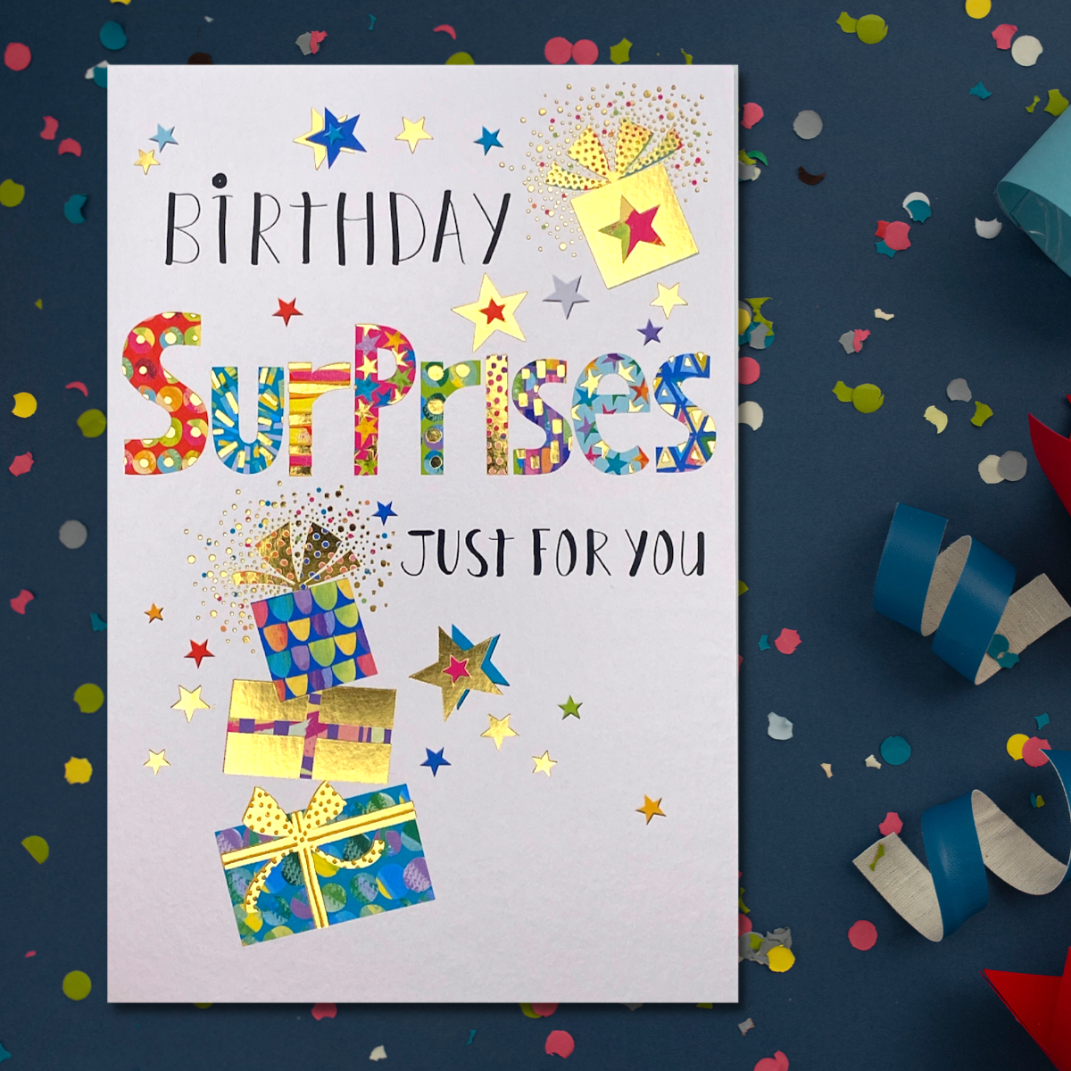 Birthday Surprises Greeting Card Design Displayed In Full