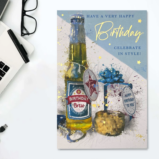 Birthday Bottled Beer Themed Birthday Card Displayed In Full