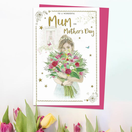 To A Wonderful Mum On Mother's Day' Card Featuring A Lady With Huge Bunch Of Flowers! With Beautiful Gold Foiling Detail And Cerise Envelope