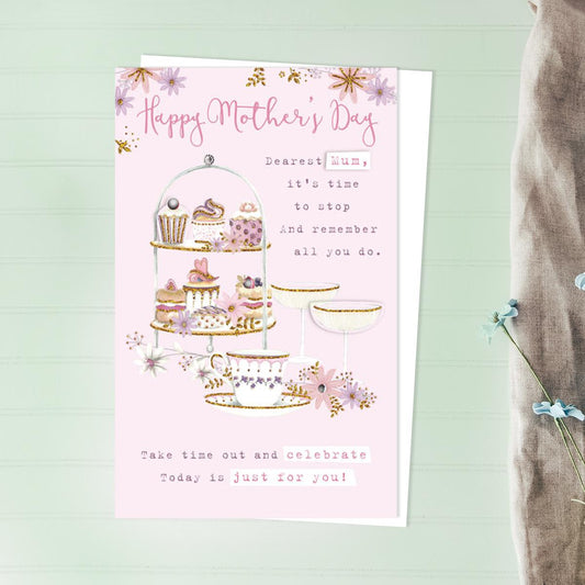 Cakes And Cup Of Tea Mother's Day Design Alongside Its White Envelope