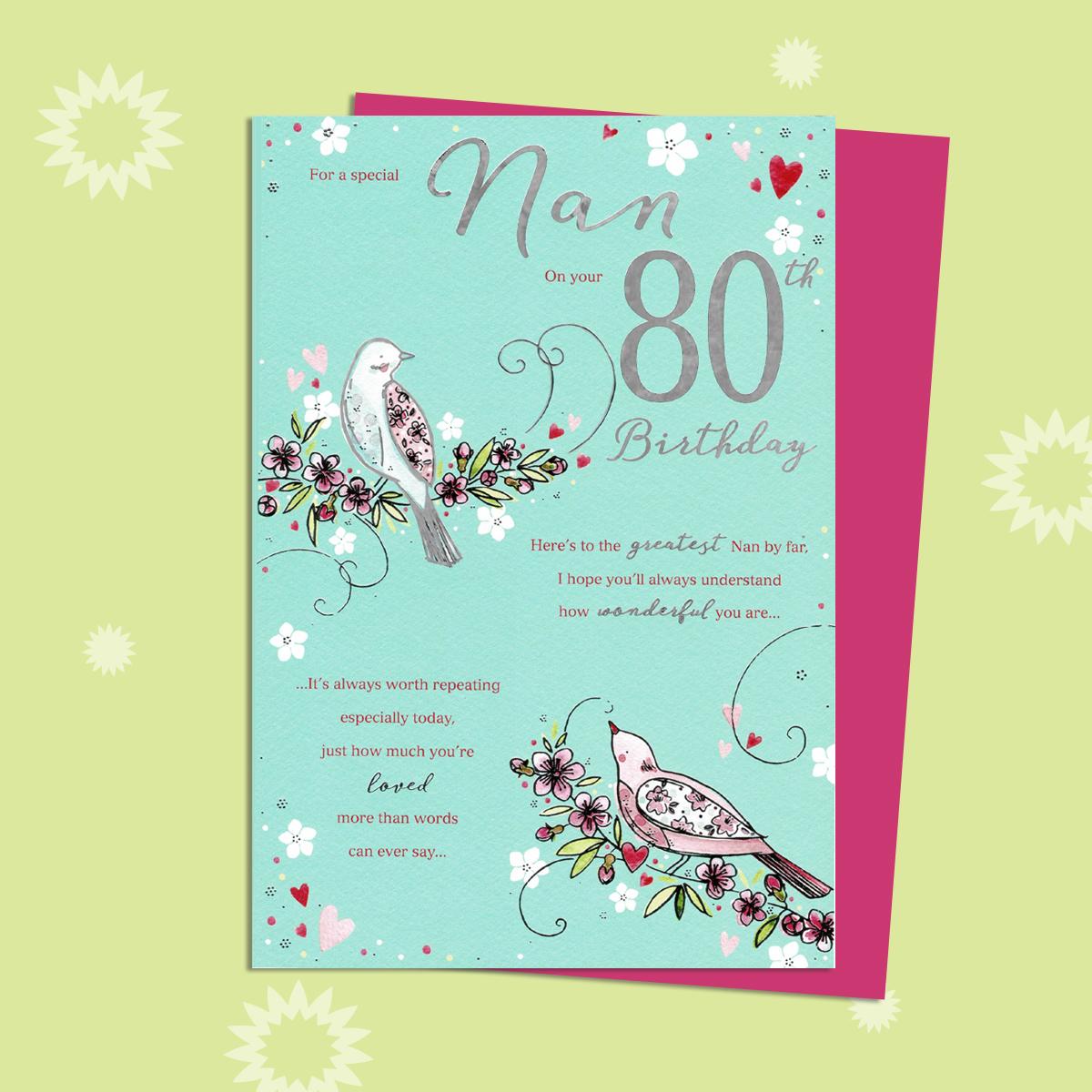 Nan On Your 80th Birthday Card Alongside Its Magenta Envelope