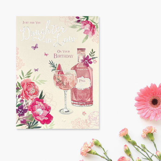 Daughter In Law Pink Gin Birthday Card Front Image