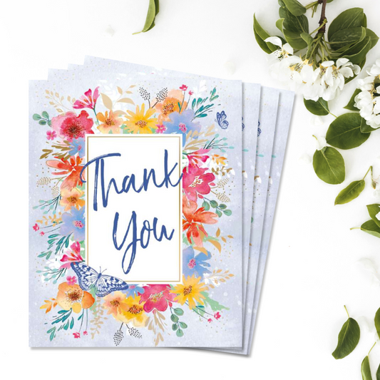 Notecards - Flower & Butterflies - Pack of 4 - Thank You Front Image