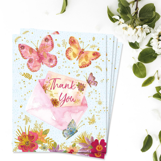 Notecards - Envelope Of Flowers & Butterflies - Pack of 4 - Thank You Front Image