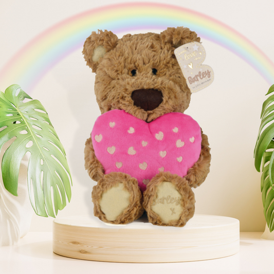 Barley Bear Plush Holding A Pink Heart Displayed In Full