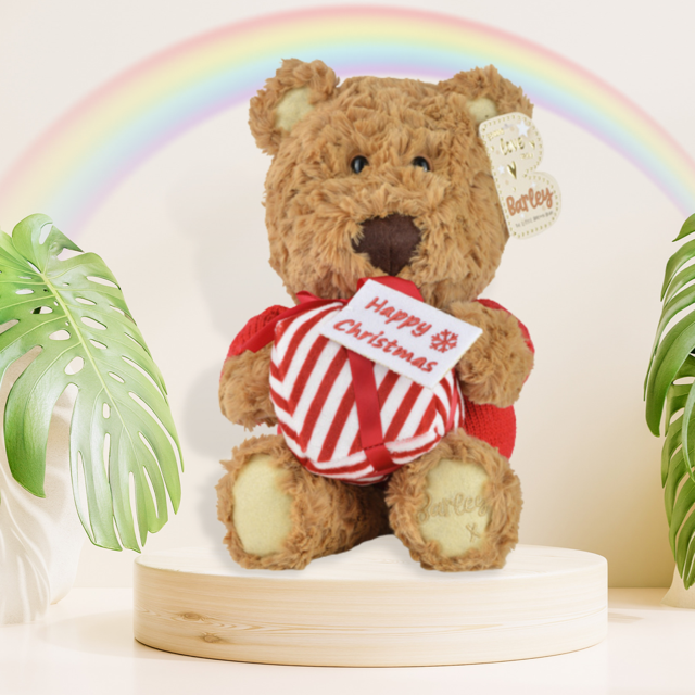 Barley Bear Plush Holding A Christmas Present Displayed In Full