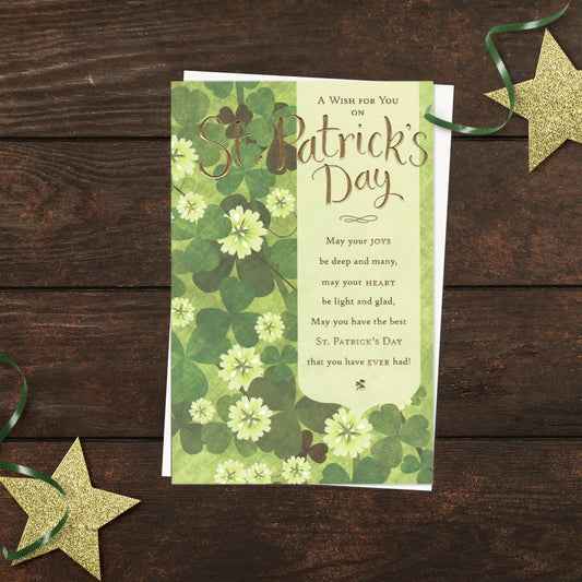 A Wish For You On St. Patrick's Day' Card with flowering clover and heartfelt verse