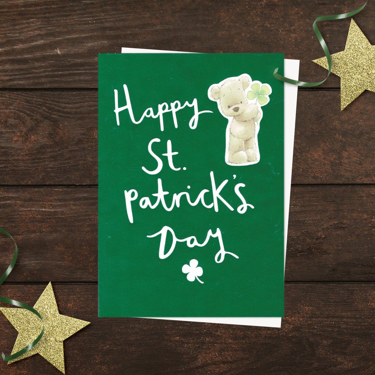 Happy St. Patrick's Day' Card Showing Cute Bear Holding Clover. With White Envelope