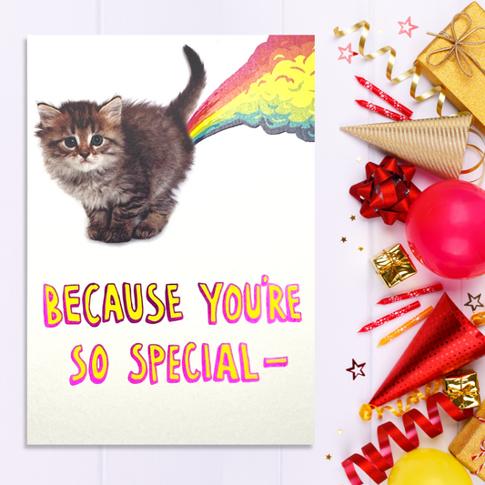 Cat Farting Rainbows Humour Greeting Card Displayed In Full
