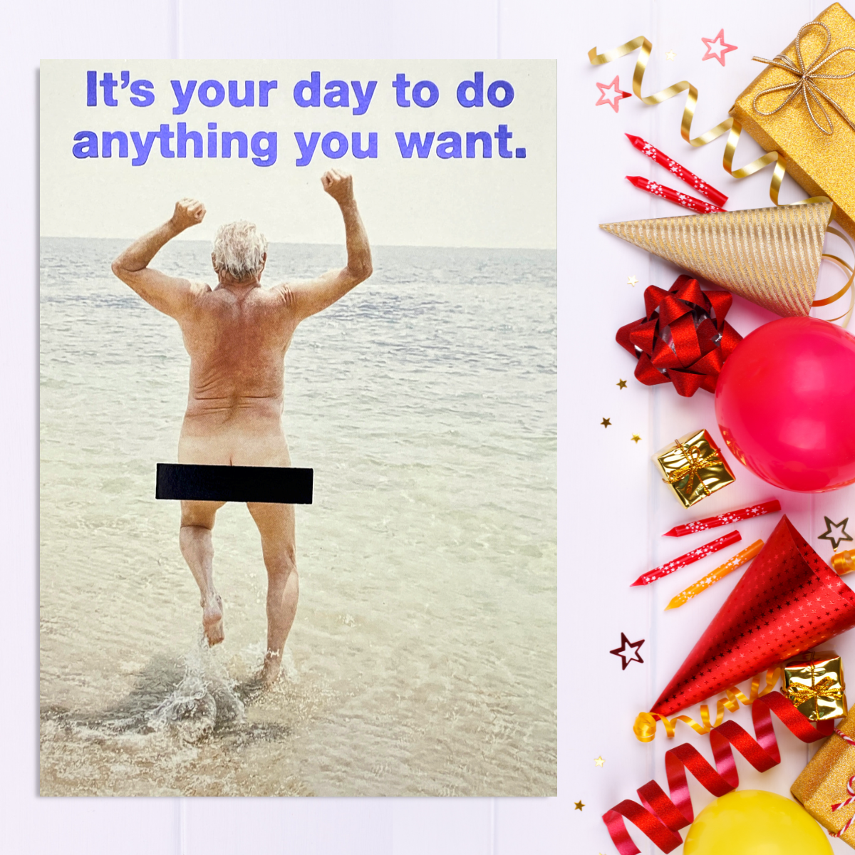 Naked Man In The Sea Funny Greeting Card Displayed In Full