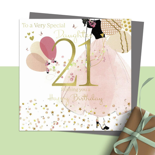 To A Very Special Daughter 21 Wishing You A Happy Birthday ' Featuring A Girl in A Large Skirted Dress And Balloons. Hand Finished With Sparkle And Jewel Embellishments. Blank Inside For Own Message. Complete With Silver Coloured Envelope