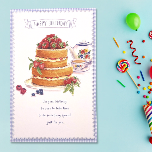 Simply Traditional Victoria Sponge Birthday Card Displayed In Full