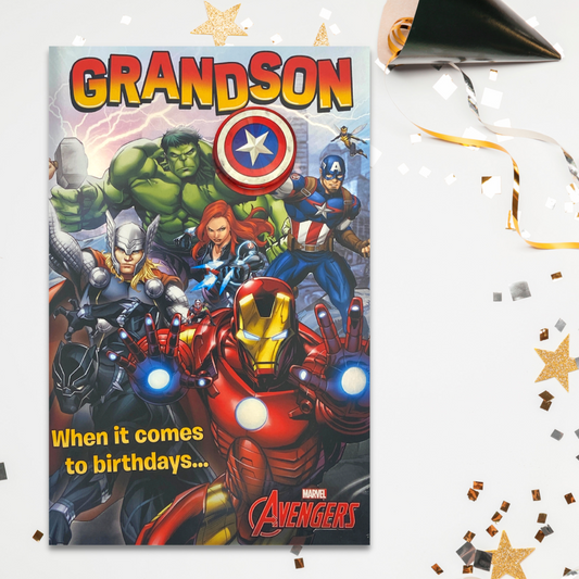 Grandson - Avengers Birthday With Badge Card Front Image