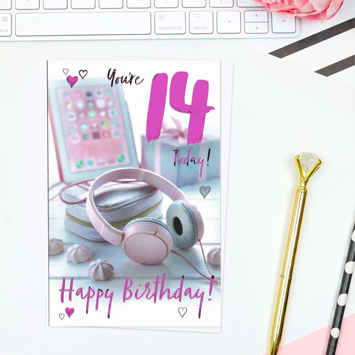 You're 14 Today Happy Birthday - Pink Headphones Card Front Image