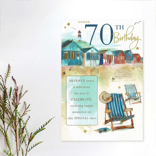 Moments In Time -  70th Birthday Beach Huts Card Front Image