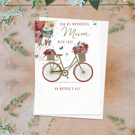 For My Wonderful Mum With Love On Mother's Day' Showing A Beautiful Bicycle Filled With Flowers. Stunning Gold Foil Detail And White Envelope