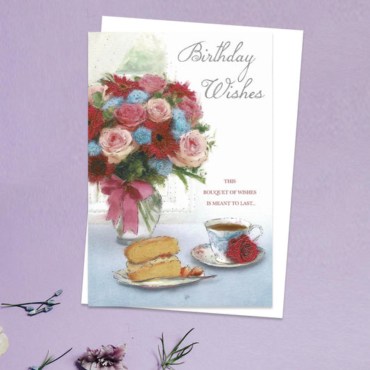 Birthday Wishes Flowers, Tea & Cake Card Front Image