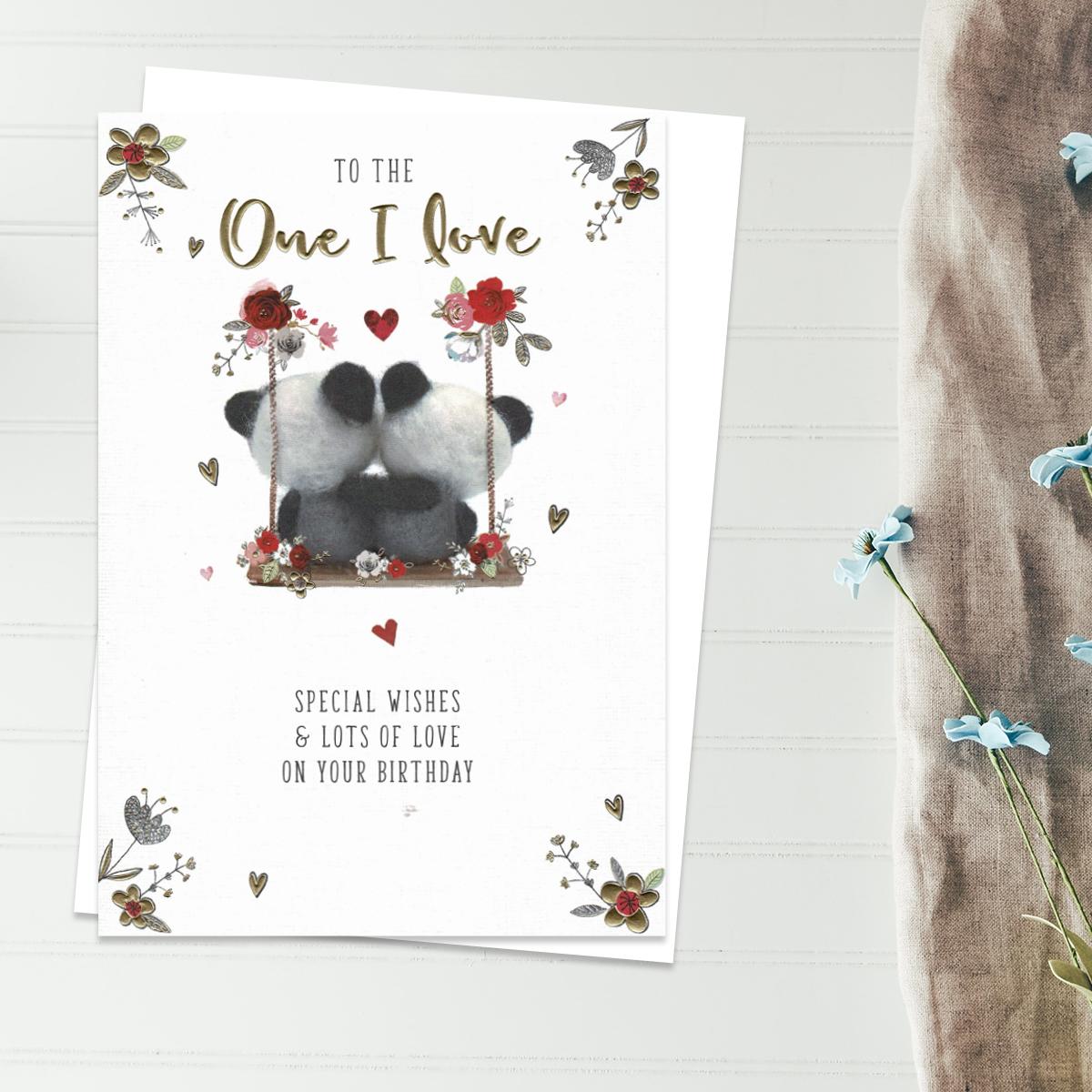 One I Love Pandas On Swing Birthday Card Front Image