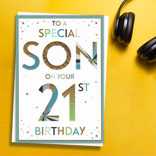 To A Special Son On Your 21st Birthday' Card Featuring Multi Coloured Lettering With Gold Foil Detail. Complete With White Envelope And Colour Printed Insert.
