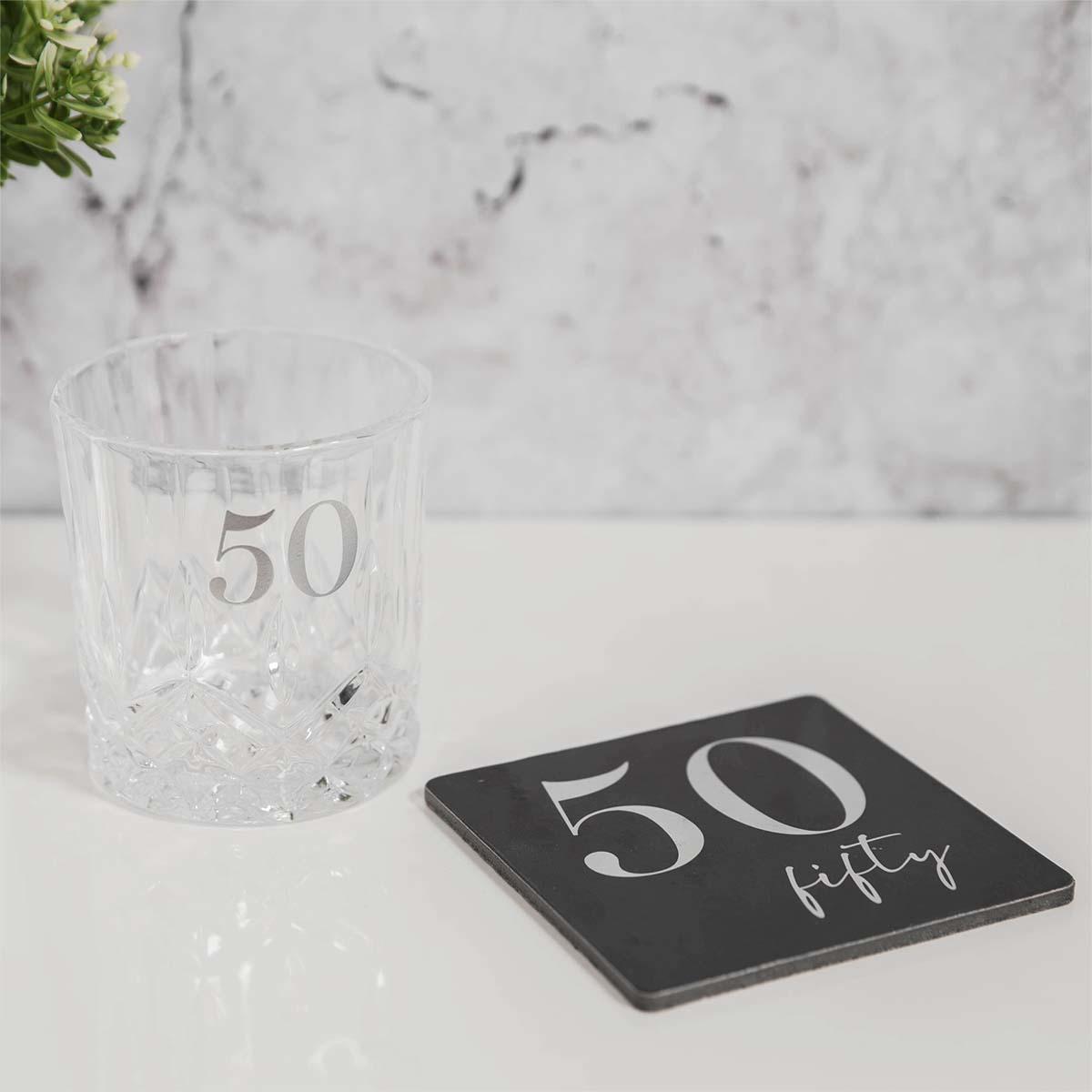 Age 50 Whisky Glass And Coaster Set Displayed In Its Presentation Box