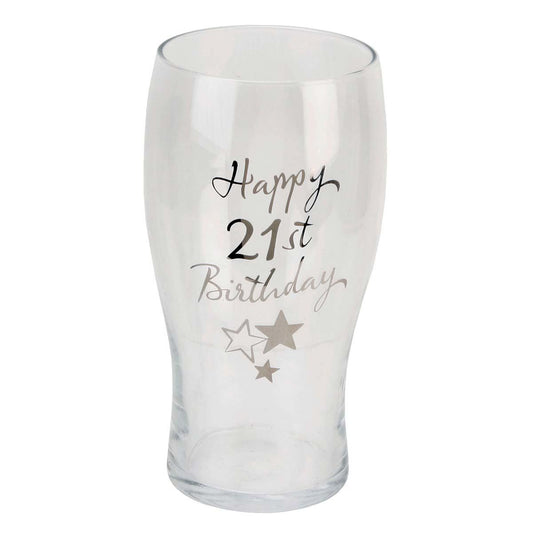 Happy 21st Pint Glass Displayed In Full