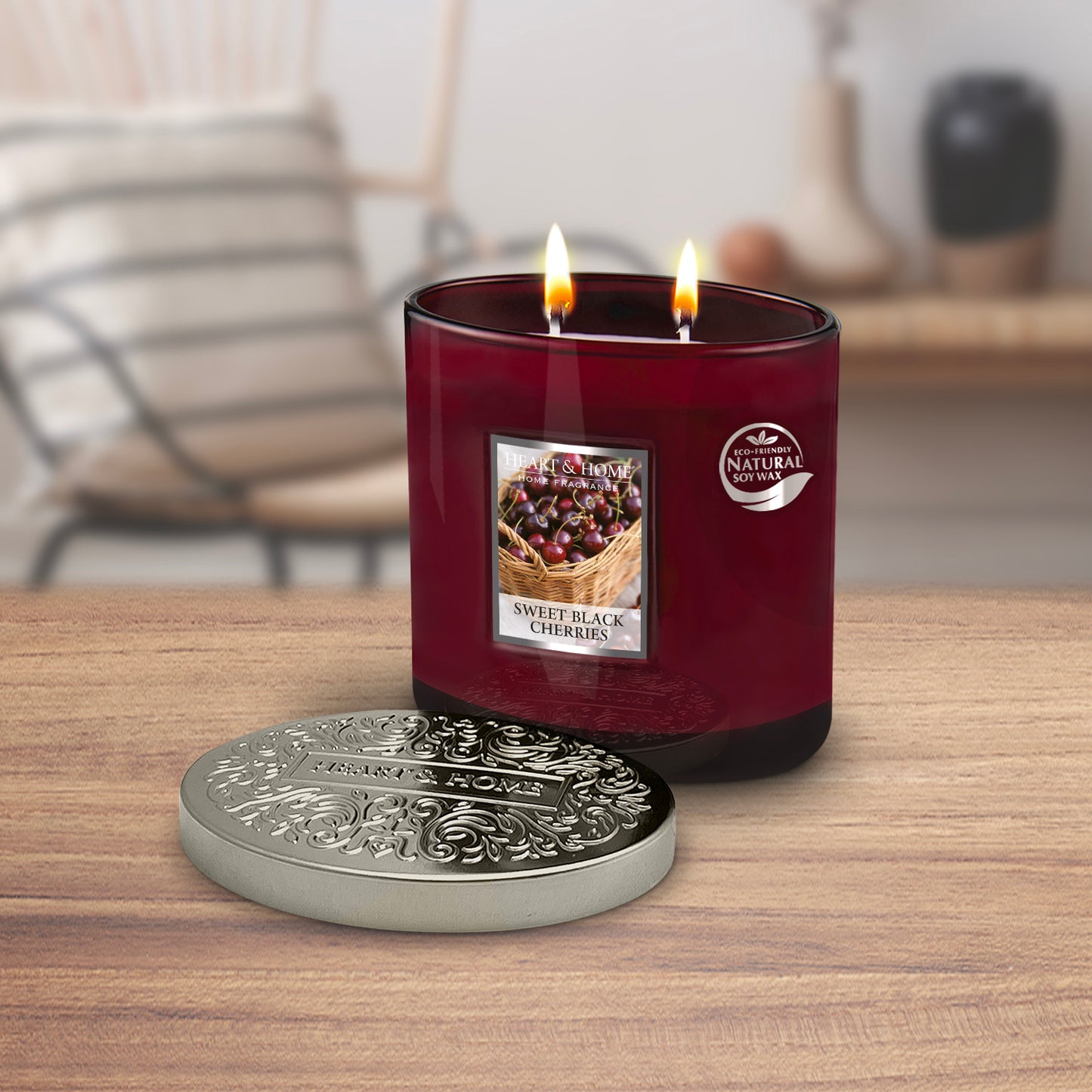 Heart & Home Twin Wick Soy Wax Candle - Sweet Black Cherries Fragrance